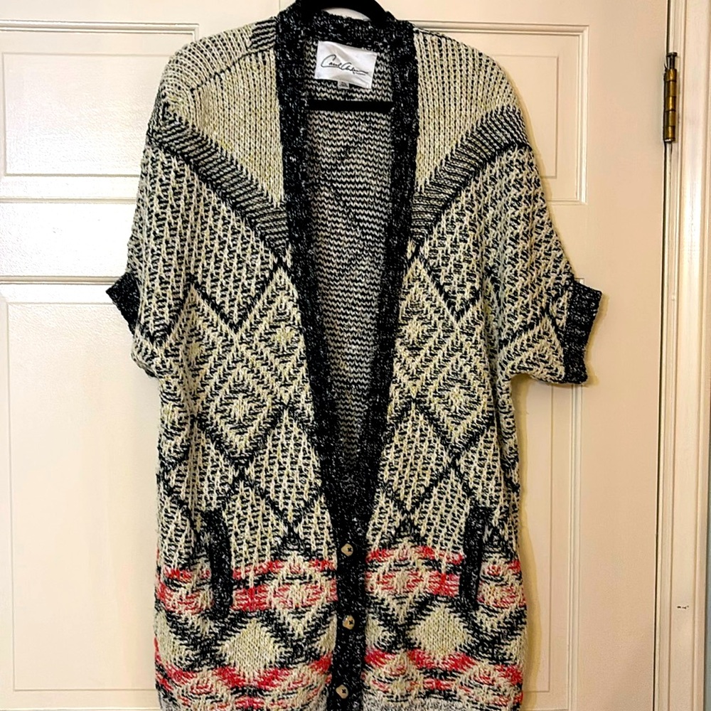 Carol Anderson by Invitation, short sleeve cardigan, XL, black, cream & peach